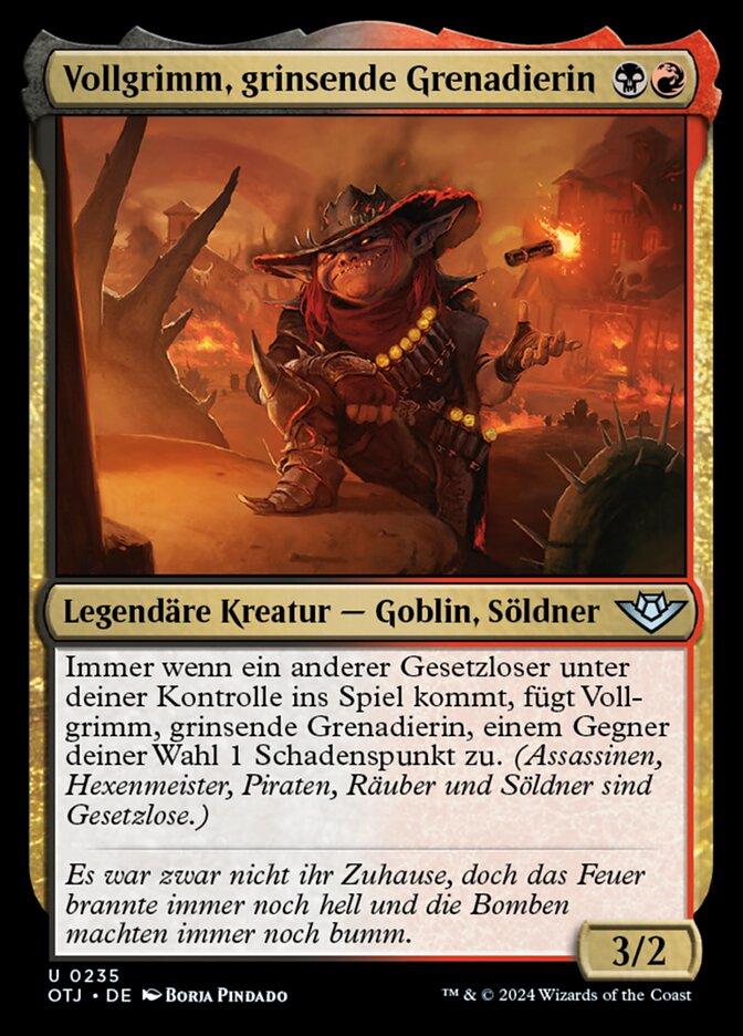 Vollgrimm, grinsende Grenadierin